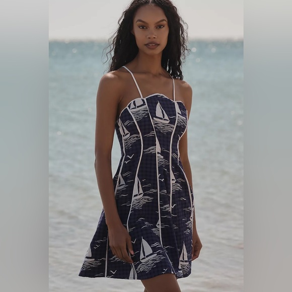 NWT Anthropologie Celadine Scallop Piped Mini Dress in Blue Motif, size XL - Picture 2 of 13